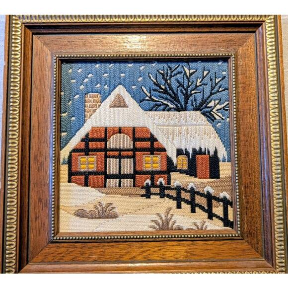 VTG Framed Crewel Longstitch Needlepoint Winter Cabin Rustic Handmade Art 12X12 - Picture 4 of 6